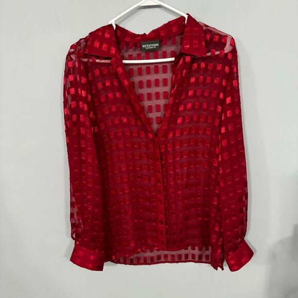 Notations Clothing Deep Red Textured Semi Sheer Button Down Top Approx Size XL - Picture 1 of 4